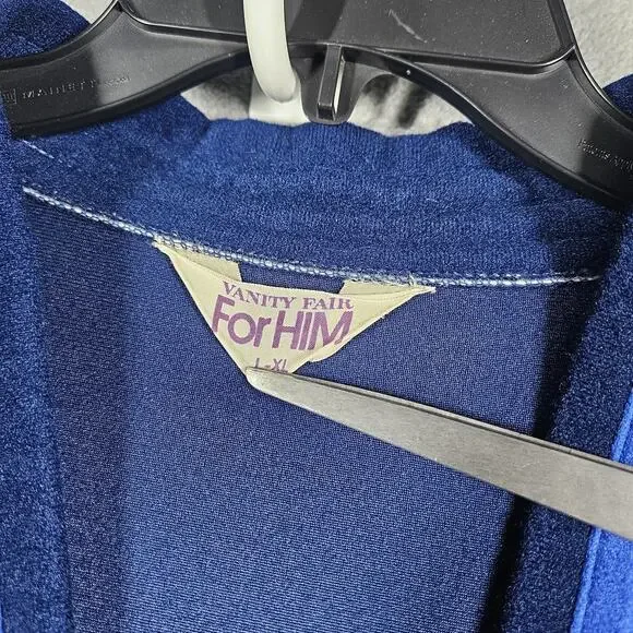 VTG Vanity Fair For Him Mens L-XL Robe Navy Blue Velour Calf Length Tie Belt USA - Picture 4 of 13